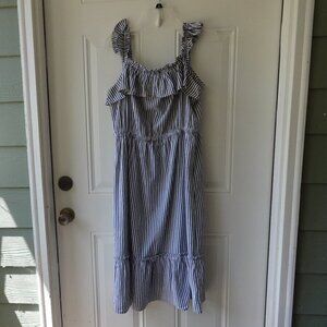 Michael Kors sleeveless maxi dress size L, cotton, grey & white stripe, ruffles